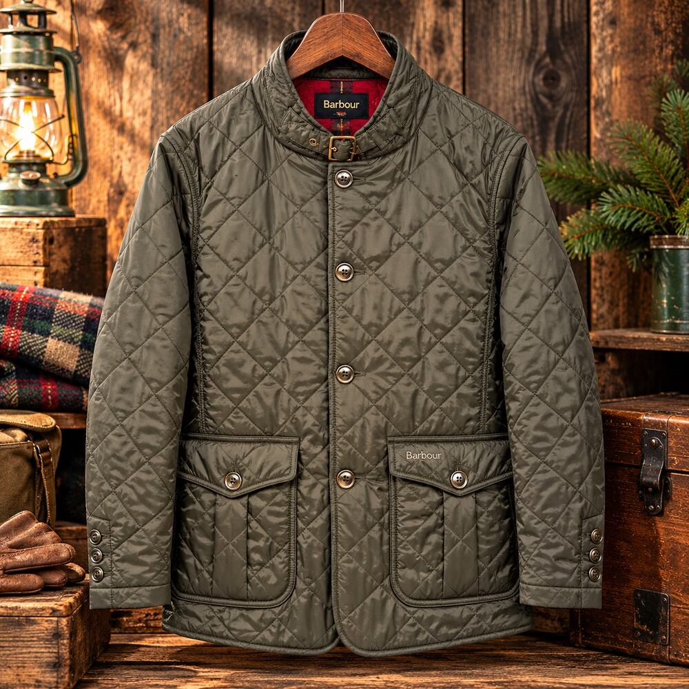 Barbour Doister Quilted Jacket Mens L Olive Green Red Lined Buckle Collar